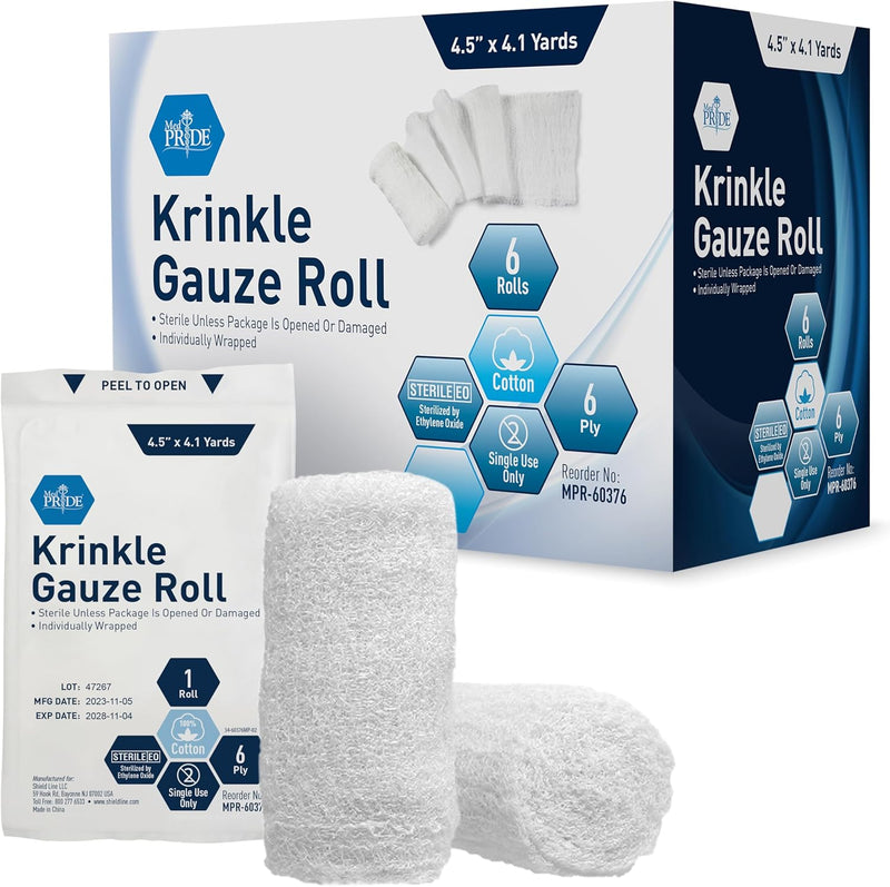 MedPride Krinkle Gauze Roll 4.5" x 4.1 yd - Sterile - 6 rolls/box, Case of 24 (144 Count) MedPride Krinkle Gauze Roll 4.5" x 4.1 yd - Sterile - 6 rolls/box, Case of 24 (144 Count)