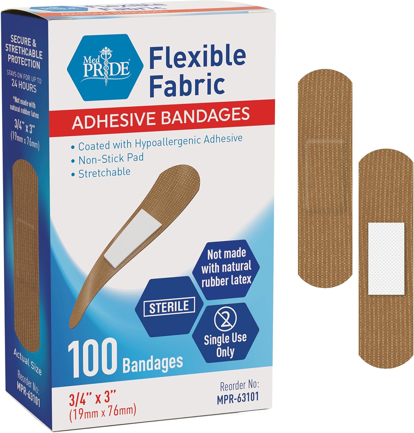 MedPride Sterile Fabric Adhesive Bandages, 3/4'' x 3" First Aid Bandages Coated with Hypoallergenic Adhesive & Non-Stick Pad - 100/Box, Case of 24 (2400 Count) MedPride Sterile Fabric Adhesive Bandages, 3/4'' x 3" First Aid Bandages Coated with Hypoallergenic Adhesive & Non-Stick Pad - 100/Box, Case of 24 (2400 Count)