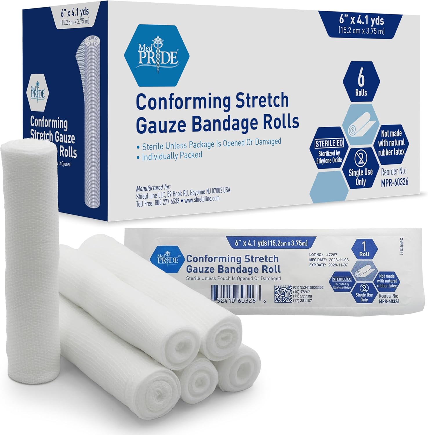 MedPride Conforming Stretch Gauze Bandage Roll - Sterile - 6"x4.1 yds - 6 Rolls/Box, Case of 8 (48 Count) MedPride Conforming Stretch Gauze Bandage Roll - Sterile - 6"x4.1 yds - 6 Rolls/Box, Case of 8 (48 Count)
