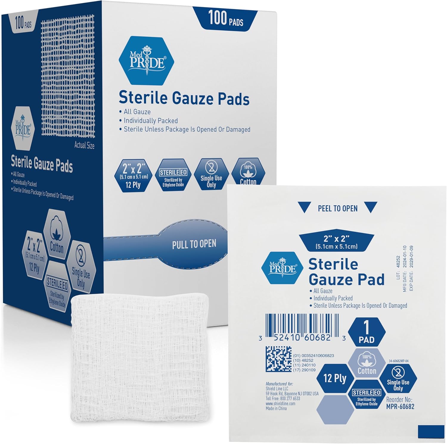 MedPride Sterile Gauze Pads for Wound Dressing & First Aid Kit - 1's, 2"x2" - 12 Ply - 100/box, Case of 24 (2,400 Count) MedPride Sterile Gauze Pads for Wound Dressing & First Aid Kit - 1's, 2"x2" - 12 Ply - 100/box, Case of 24 (2,400 Count)