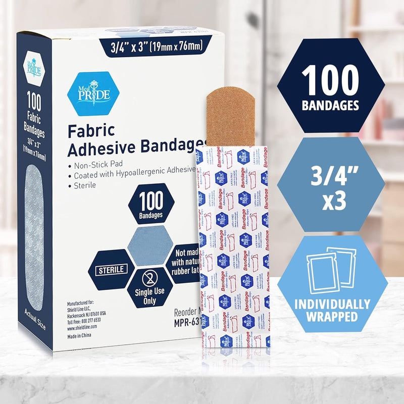 MedPride Sterile Fabric Adhesive Bandages, 3/4'' x 3" First Aid Bandages Coated with Hypoallergenic Adhesive & Non-Stick Pad - 100/Box, Case of 24 (2400 Count) MedPride Sterile Fabric Adhesive Bandages, 3/4'' x 3" First Aid Bandages Coated with Hypoallergenic Adhesive & Non-Stick Pad - 100/Box, Case of 24 (2400 Count)