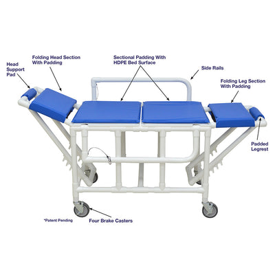 MJM International 920-FD-PAD Shower gurney with fold down head and foot section with closed cell water proof foam pad MJM International 920-FD-PAD Shower gurney with fold down head and foot section with closed cell water proof foam pad