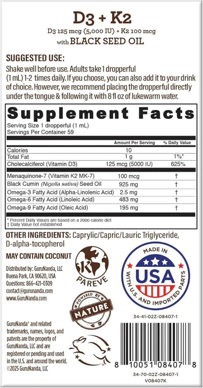 Natural Cold Pressed Black Seed Oil With Vitamin D3, K2, & E Natural Cold Pressed Black Seed Oil With Vitamin D3, K2, & E
