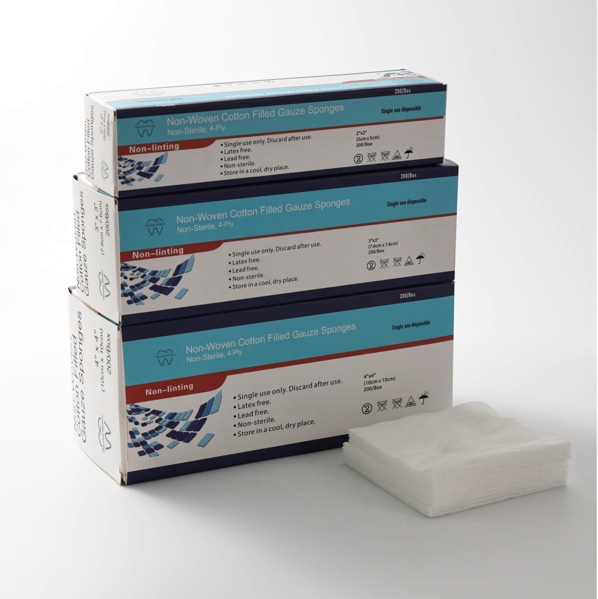 Non-Woven Sponge (Cotton Guaze) 200pcs per box 2“ x 2" , 3"x3" and 4" x 4" Non-Woven Sponge (Cotton Guaze) 200pcs per box 2“ x 2" , 3"x3" and 4" x 4"