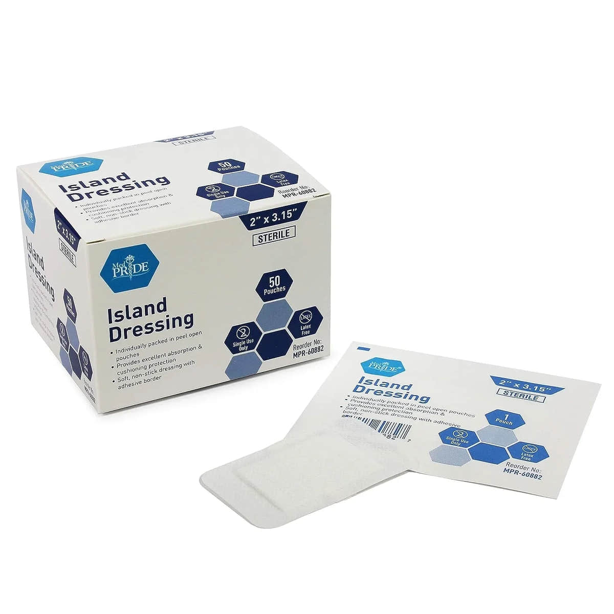 Medpride Gauze Island Dressing Sterile 2"x3.5" Wound Dressing with Adhesive, 50/Box, Case of 6 (300 Count) Medpride Gauze Island Dressing Sterile 2"x3.5" Wound Dressing with Adhesive, 50/Box, Case of 6 (300 Count)