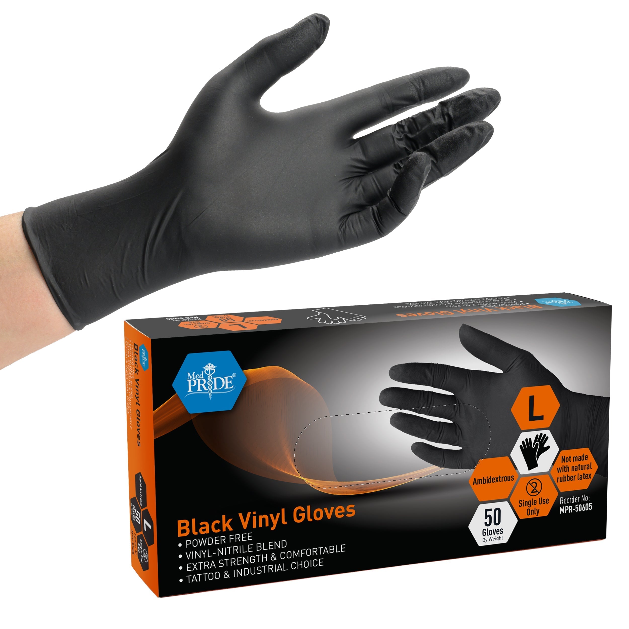 MedPride Black Vinyl Nitrile Gloves 4 Mil Thick Non-Sterile Powder Free - 50 Gloves / Case of 20 (1000 count) MedPride Black Vinyl Nitrile Gloves 4 Mil Thick Non-Sterile Powder Free - 50 Gloves / Case of 20 (1000 count)