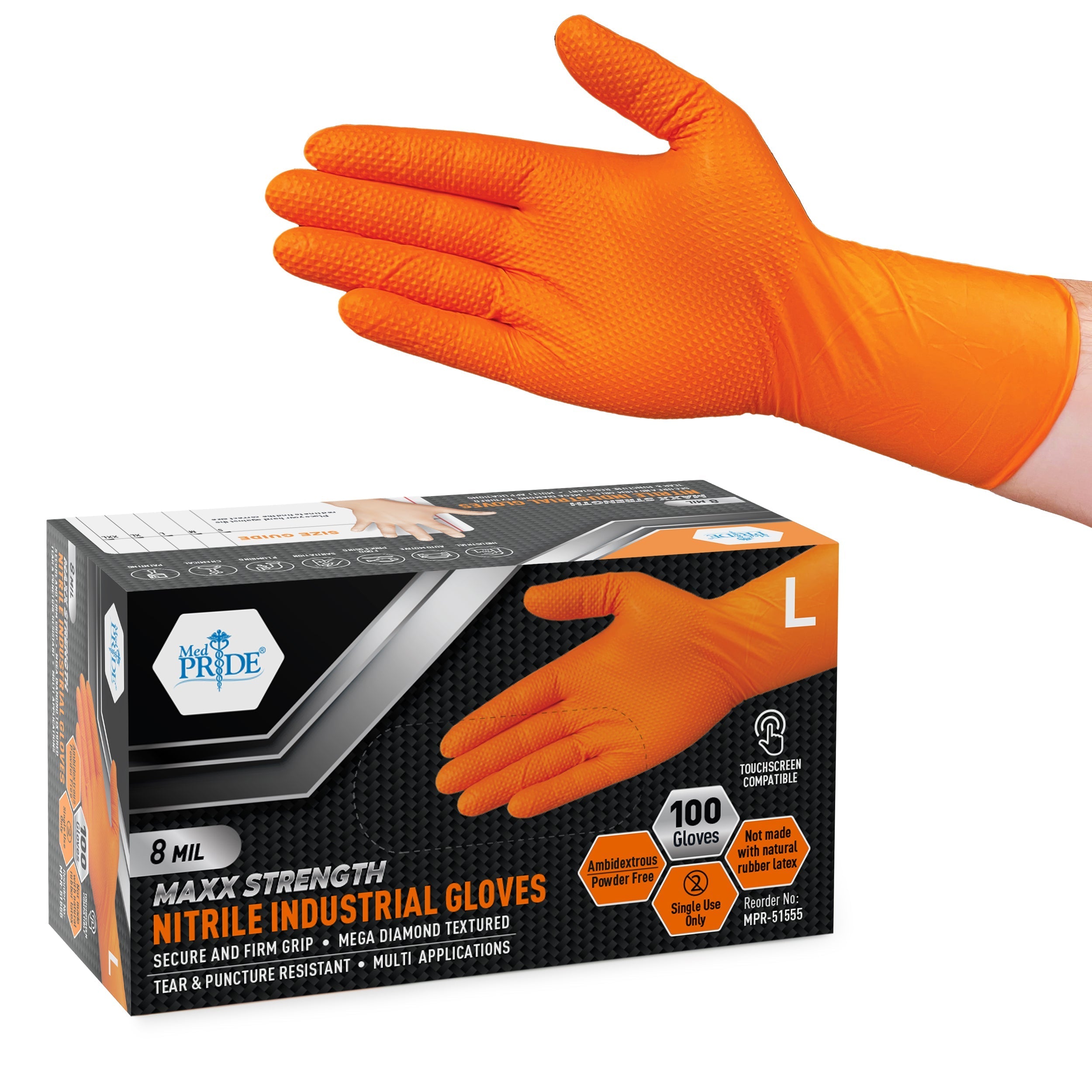 MedPride Maxx Strength Nitrile Industrial Orange Gloves, 8 Mil Thick - 100 Gloves / Case of 10 (1000 Count) MedPride Maxx Strength Nitrile Industrial Orange Gloves, 8 Mil Thick - 100 Gloves / Case of 10 (1000 Count)