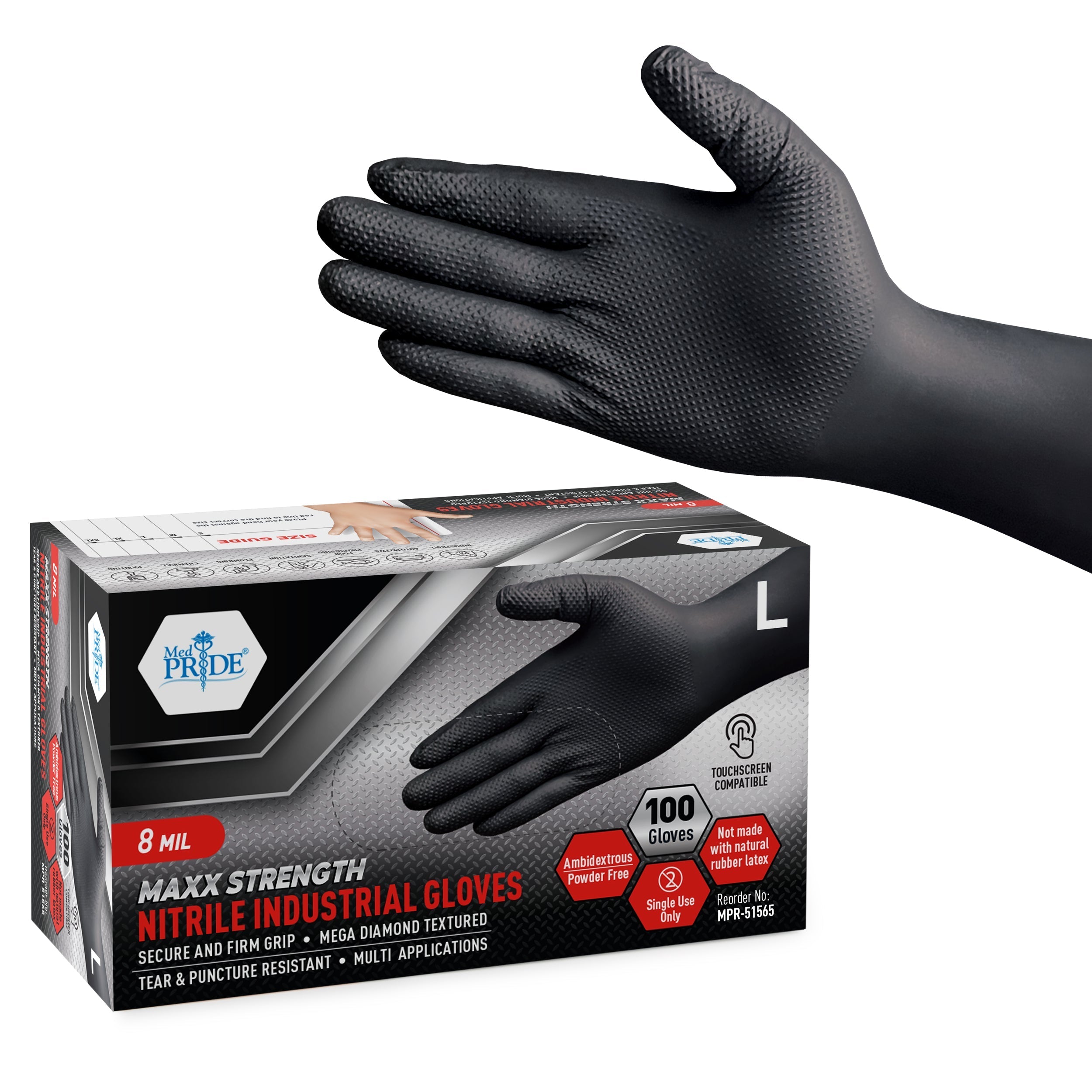 MedPride Maxx Strength Nitrile Industrial Black Gloves, 8 Mil Thick - 100 Gloves / Case of 10 (1000 count) MedPride Maxx Strength Nitrile Industrial Black Gloves, 8 Mil Thick - 100 Gloves / Case of 10 (1000 count)