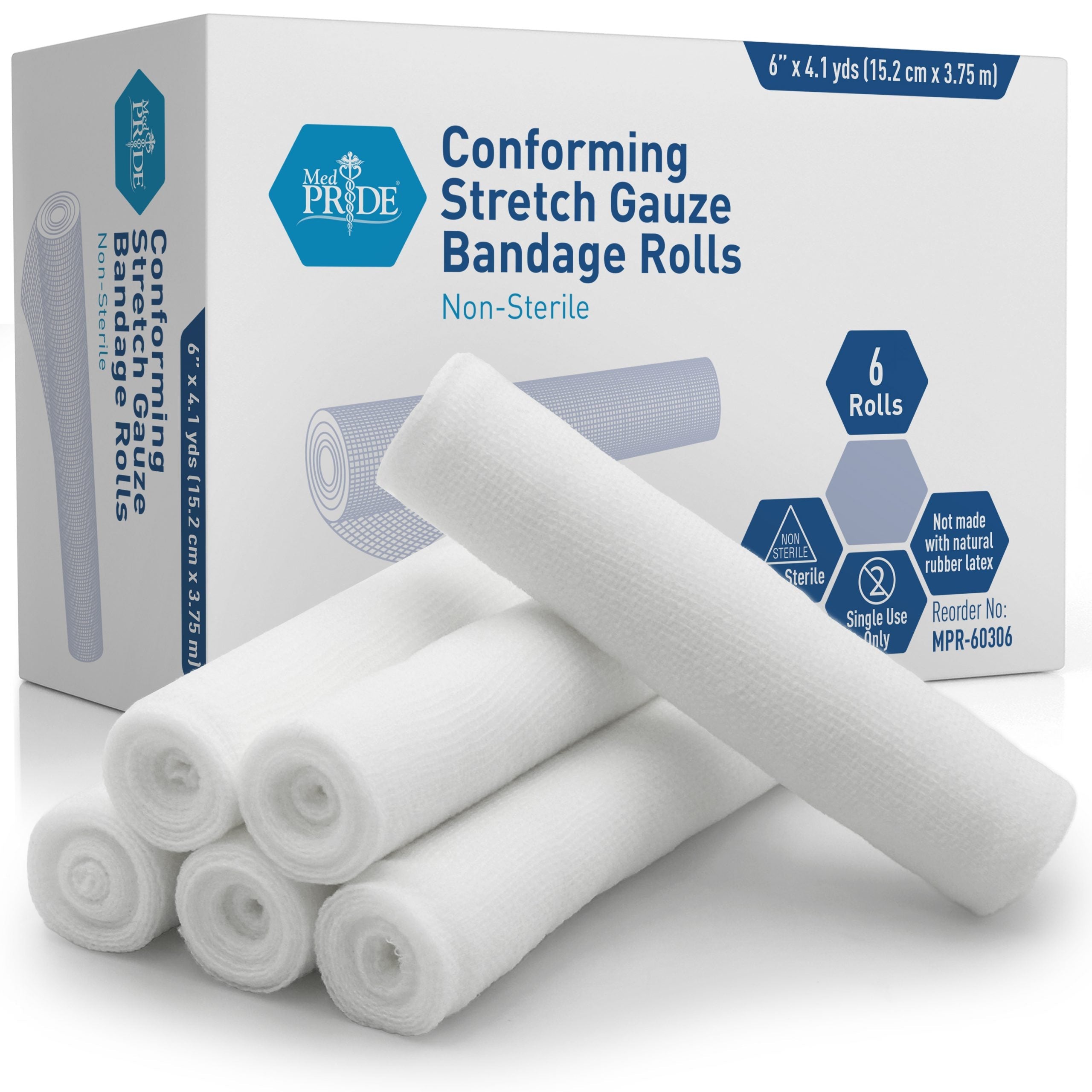 MedPride Conforming Stretch Gauze Bandage Roll - Non-Sterile - 6"x4.1 yd - 6 Rolls, Case of 8 (48 Count) MedPride Conforming Stretch Gauze Bandage Roll - Non-Sterile - 6"x4.1 yd - 6 Rolls, Case of 8 (48 Count)