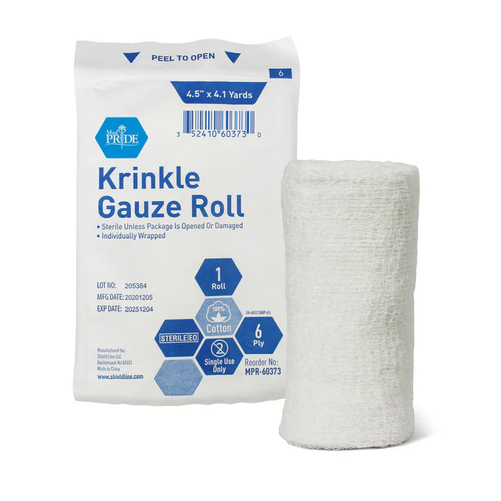 MedPride Krinkle Gauze Roll, Cotton Wound Dressing Sterile Wraps – 6-Ply, 4.5''x4.1 Yds. Case of 100 MedPride Krinkle Gauze Roll, Cotton Wound Dressing Sterile Wraps – 6-Ply, 4.5''x4.1 Yds. Case of 100