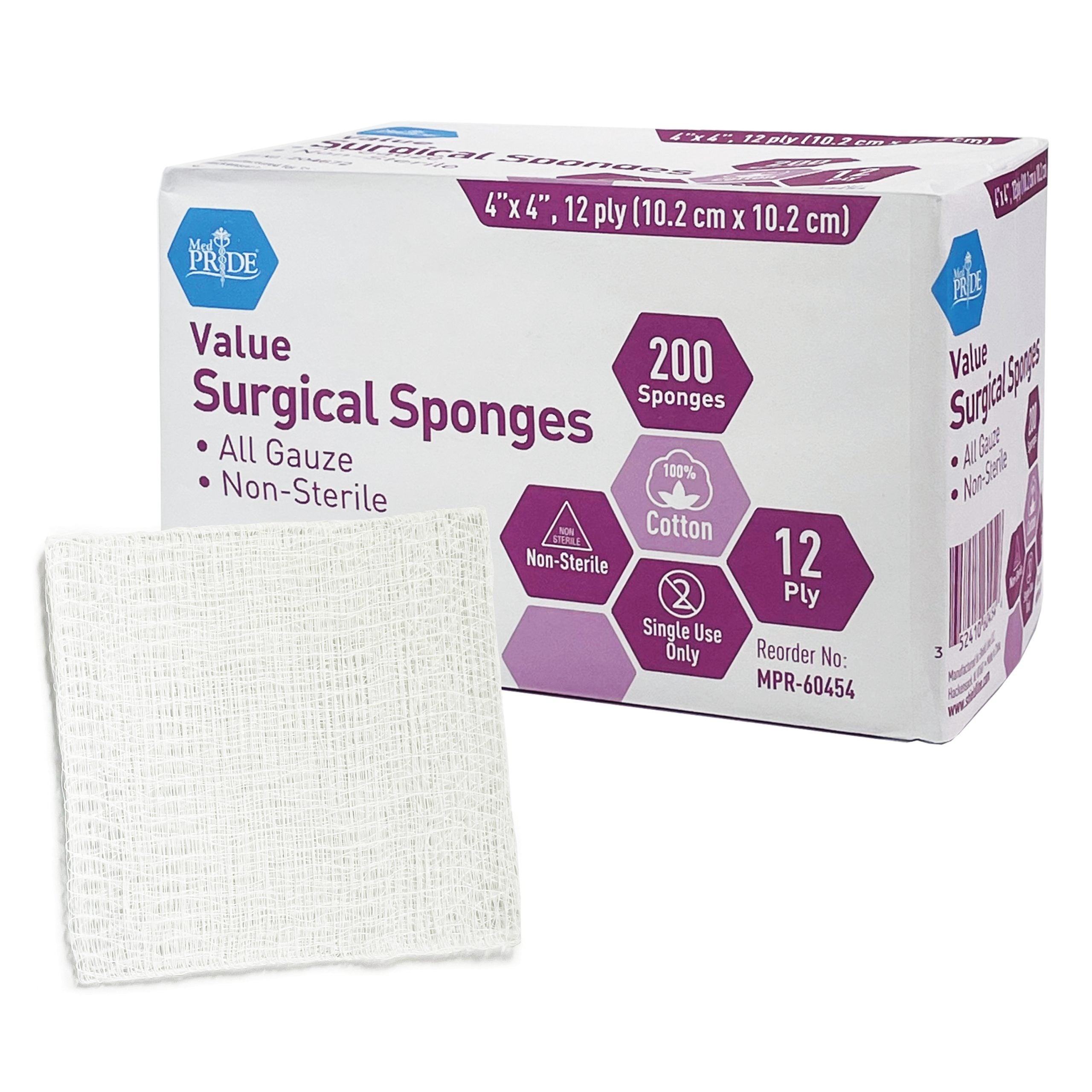 MedPride Value Gauze Surgical Sponges – Non-Sterile - 4x4 - 12 Ply - 200/box, Case of 10 (2000 Count) MedPride Value Gauze Surgical Sponges – Non-Sterile - 4x4 - 12 Ply - 200/box, Case of 10 (2000 Count)