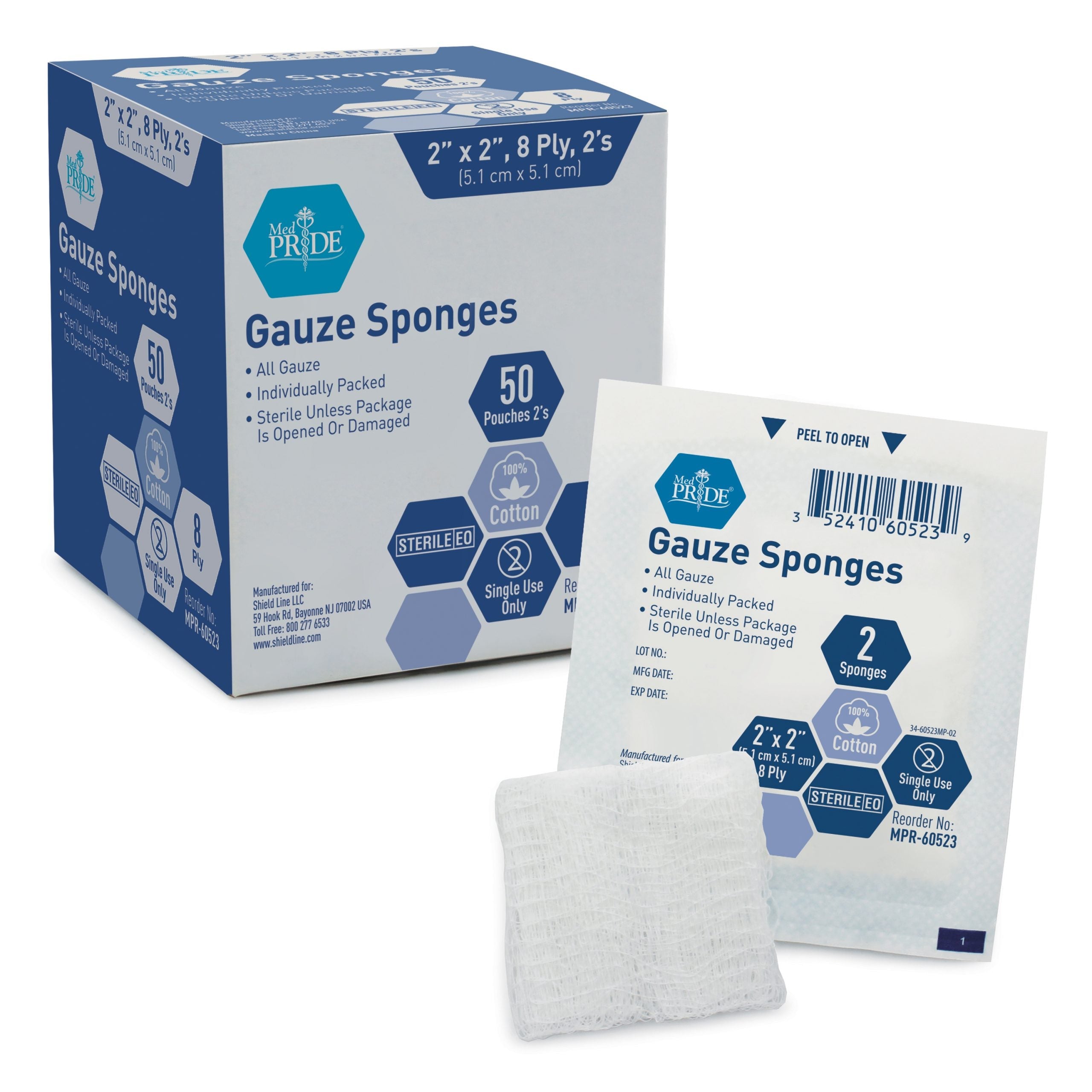 MedPride Sterile Surgical Gauze Sponge - 2's, 2"x2" - 8 Ply - 50/Box, Case of 30 (3000 Count) MedPride Sterile Surgical Gauze Sponge - 2's, 2"x2" - 8 Ply - 50/Box, Case of 30 (3000 Count)