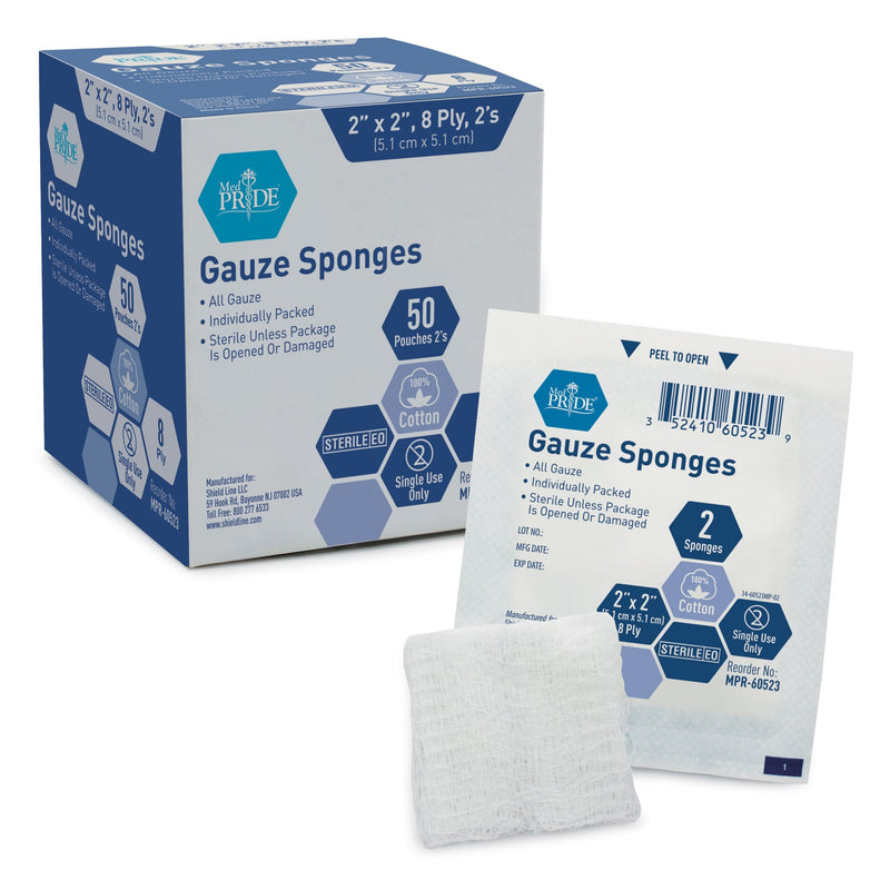 MedPride Sterile Surgical Gauze Sponge - 2's, 2"x2" - 8 Ply - 50/Box, Case of 30 (3000 Count) MedPride Sterile Surgical Gauze Sponge - 2's, 2"x2" - 8 Ply - 50/Box, Case of 30 (3000 Count)