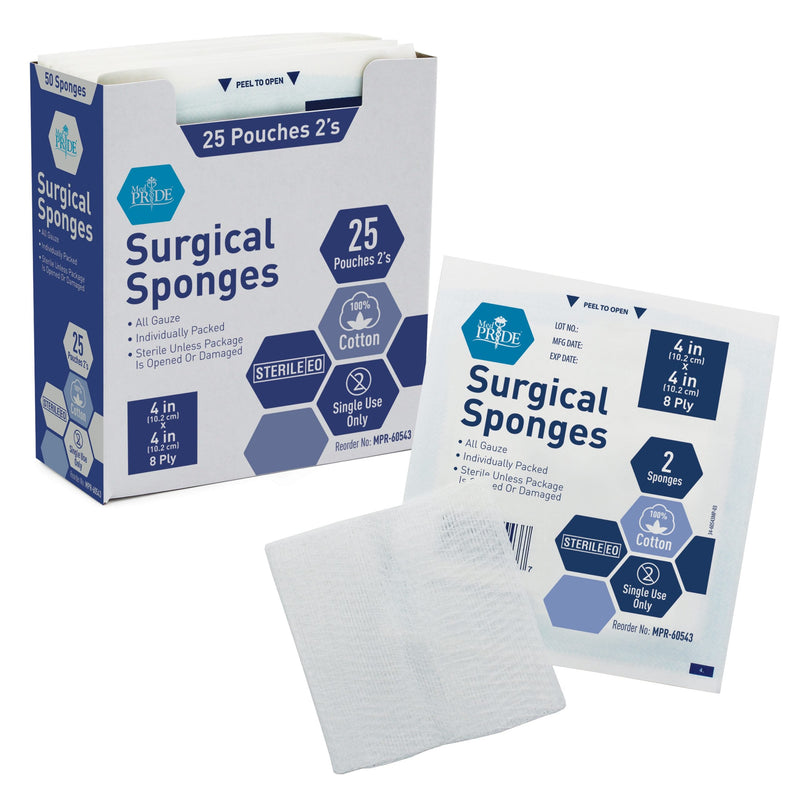 MedPride Sterile Surgical Gauze Sponge - 2's, 4"x4" - 8 Ply - 25/Box, Case of 24 (1200 Count) MedPride Sterile Surgical Gauze Sponge - 2's, 4"x4" - 8 Ply - 25/Box, Case of 24 (1200 Count)