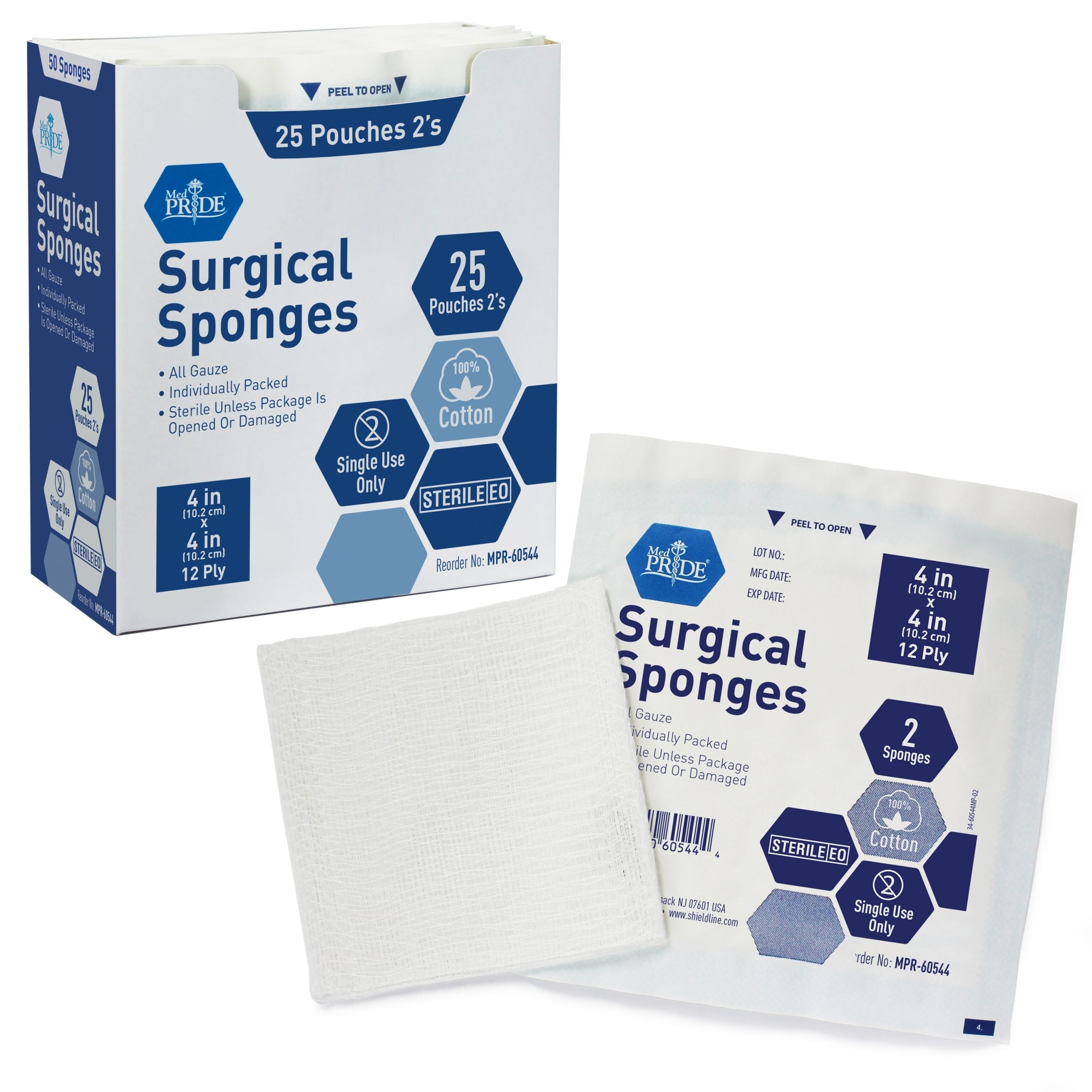 MedPride Sterile Surgical Gauze Sponge - 2's, 4"x4" - 12 Ply - 25/Box, Case of 24 (1200 Count) MedPride Sterile Surgical Gauze Sponge - 2's, 4"x4" - 12 Ply - 25/Box, Case of 24 (1200 Count)
