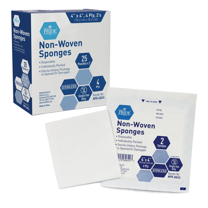 MedPride Non-Woven Surgical Sponges, Sterile First Aid Wound Care Dressing Sponge,4-Ply, 2'S - 25/Box, Case of 24 (1,200 Count) MedPride Non-Woven Surgical Sponges, Sterile First Aid Wound Care Dressing Sponge,4-Ply, 2'S - 25/Box, Case of 24 (1,200 Count)