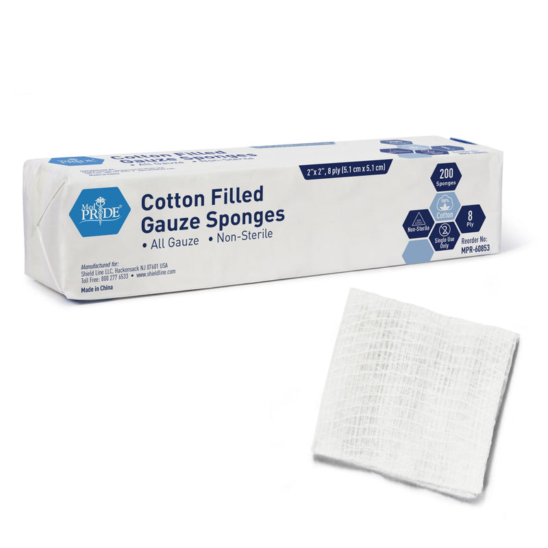 MedPride Non-Sterile Cotton Filled Gauze Sponges 2" x 2", 8Ply - 200/Box, Case of 25 (5000 Count) MedPride Non-Sterile Cotton Filled Gauze Sponges 2" x 2", 8Ply - 200/Box, Case of 25 (5000 Count)