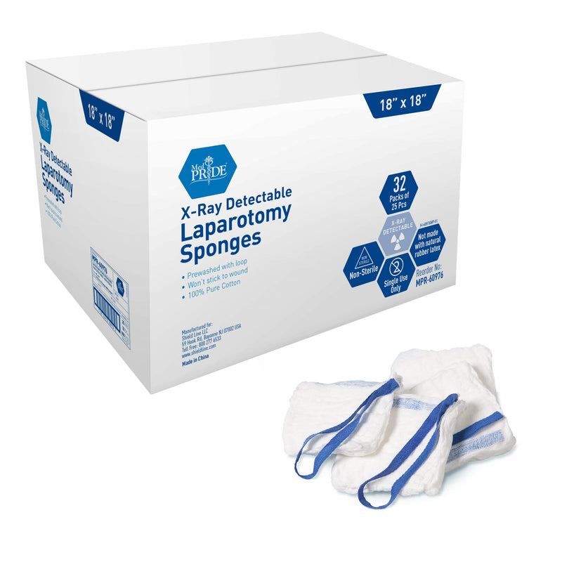 MedPride Laparotomy Sponge, Prewashed - Non Sterile - X Ray Det 18"x18", 32 Pack of 25pcs. Case of 5 (4000 Count) MedPride Laparotomy Sponge, Prewashed - Non Sterile - X Ray Det 18"x18", 32 Pack of 25pcs. Case of 5 (4000 Count)