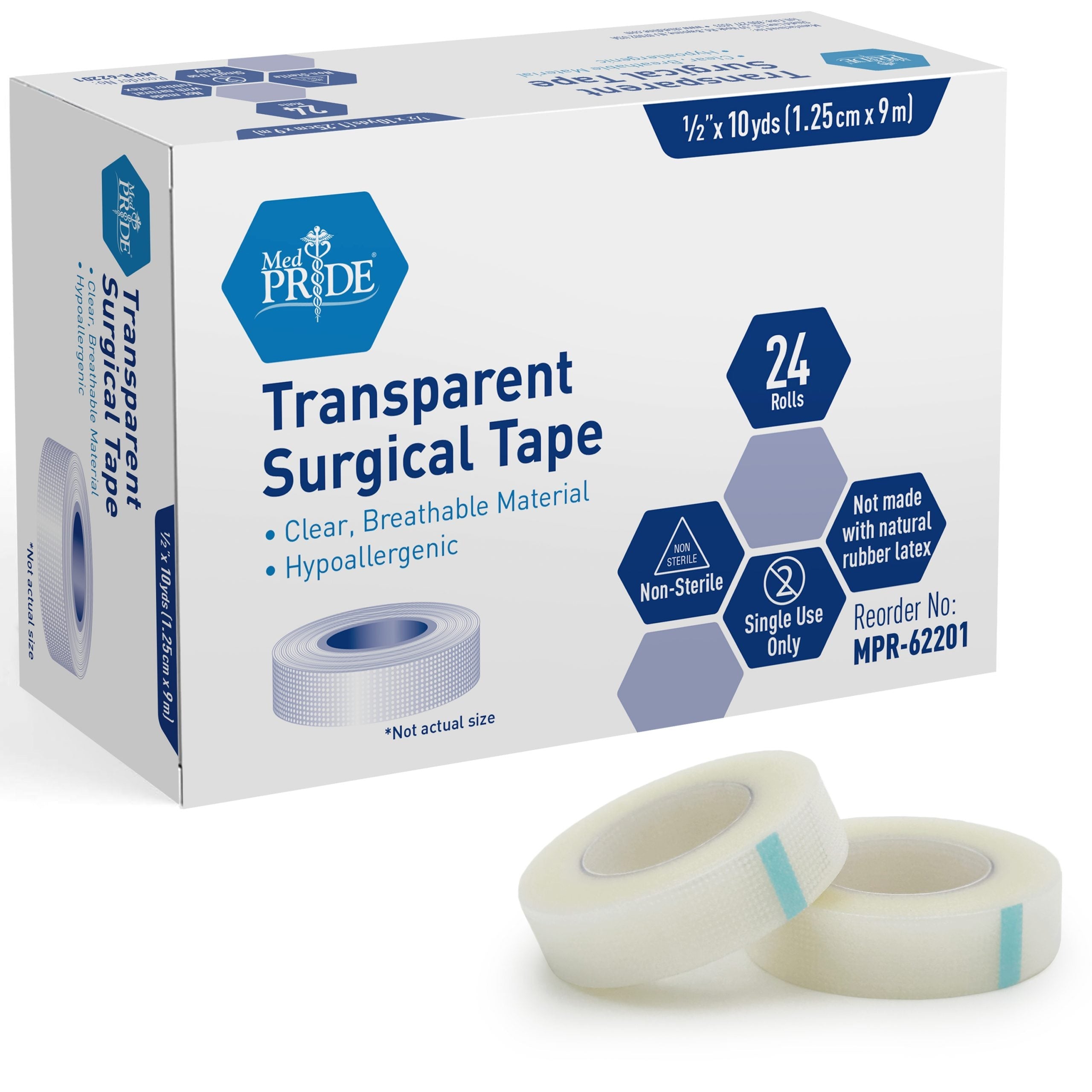 MedPride Clear Surgical Tape, 1/2" x 10 yds - 24/Box, Case of 12 (288 Count) MedPride Clear Surgical Tape, 1/2" x 10 yds - 24/Box, Case of 12 (288 Count)