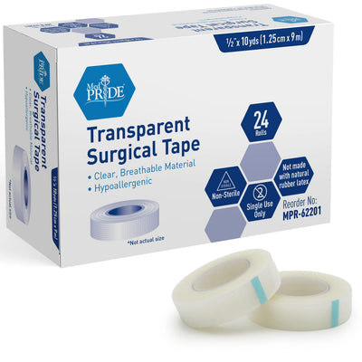 MedPride Clear Surgical Tape, 1/2" x 10 yds - 24/Box, Case of 12 (288 Count) MedPride Clear Surgical Tape, 1/2" x 10 yds - 24/Box, Case of 12 (288 Count)