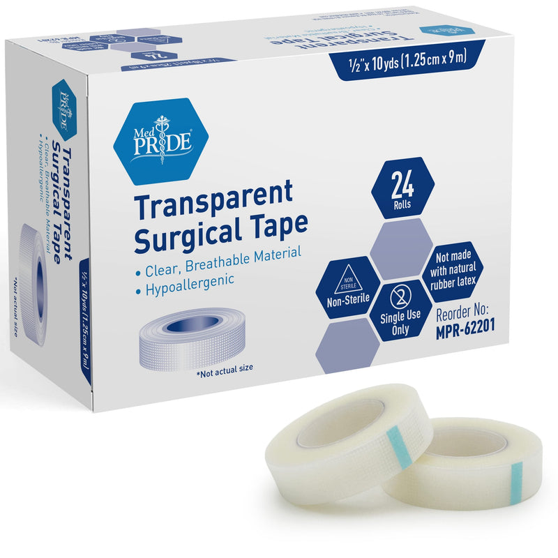MedPride Clear Surgical Tape, 1/2" x 10 yds - 24/Box, Case of 12 (288 Count) MedPride Clear Surgical Tape, 1/2" x 10 yds - 24/Box, Case of 12 (288 Count)
