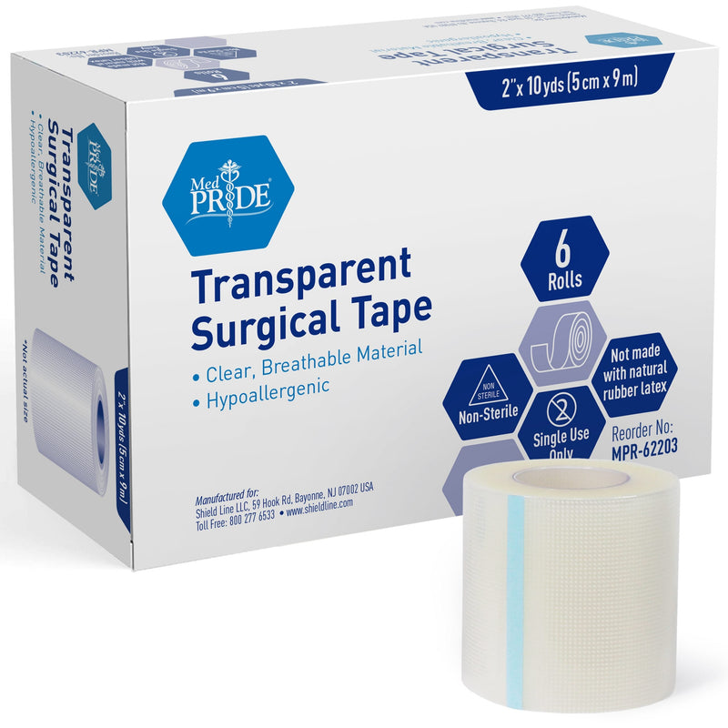 MedPride Clear Surgical Tape, 2" x 10 yds - 6/Box, Case of 12 (72 Count) MedPride Clear Surgical Tape, 2" x 10 yds - 6/Box, Case of 12 (72 Count)