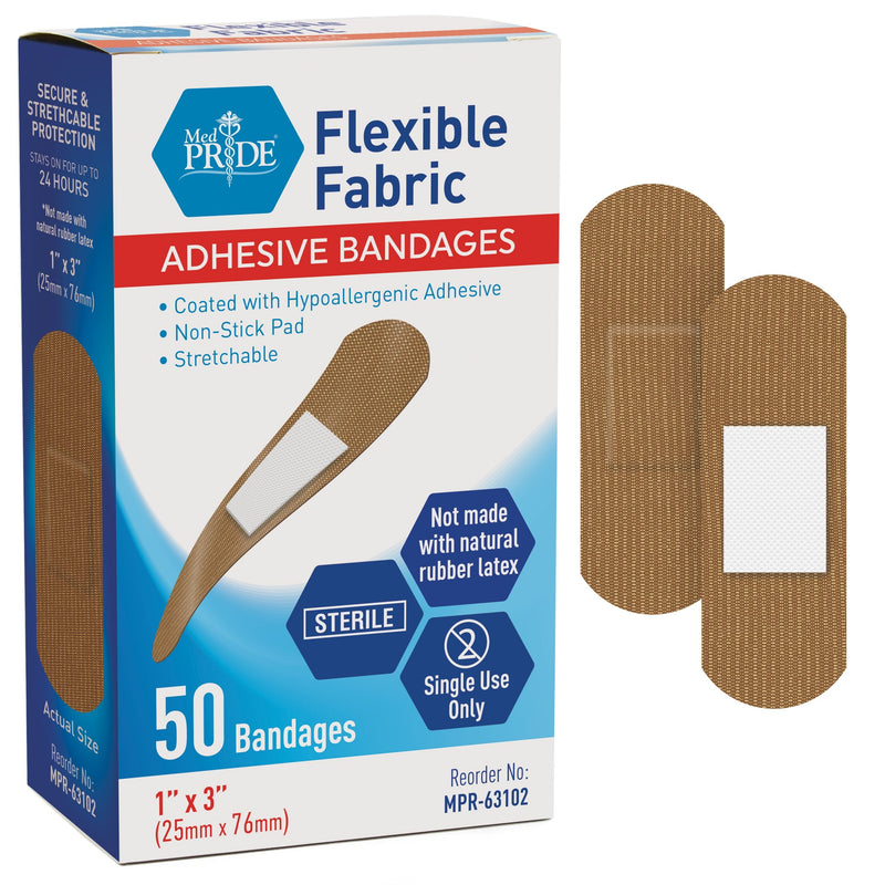 MedPride Sterile Fabric Adhesive Bandages, 1'' x 3" First Aid Bandages Coated with Hypoallergenic Adhesive & Non-Stick Pad - 100/Box, Case of 24 (2400 Count) MedPride Sterile Fabric Adhesive Bandages, 1'' x 3" First Aid Bandages Coated with Hypoallergenic Adhesive & Non-Stick Pad - 100/Box, Case of 24 (2400 Count)