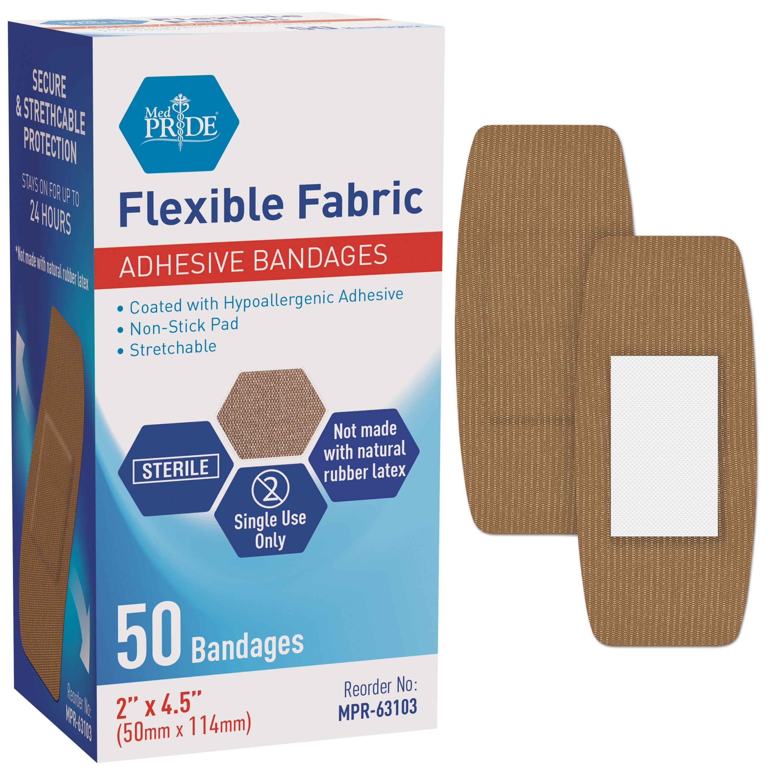 MedPride Sterile Fabric Adhesive Bandages, 2'' x 4.5" First Aid Bandages Coated with Hypoallergenic Adhesive & Non-Stick Pad - 50/Box, Case of 24 (1200 Count) MedPride Sterile Fabric Adhesive Bandages, 2'' x 4.5" First Aid Bandages Coated with Hypoallergenic Adhesive & Non-Stick Pad - 50/Box, Case of 24 (1200 Count)