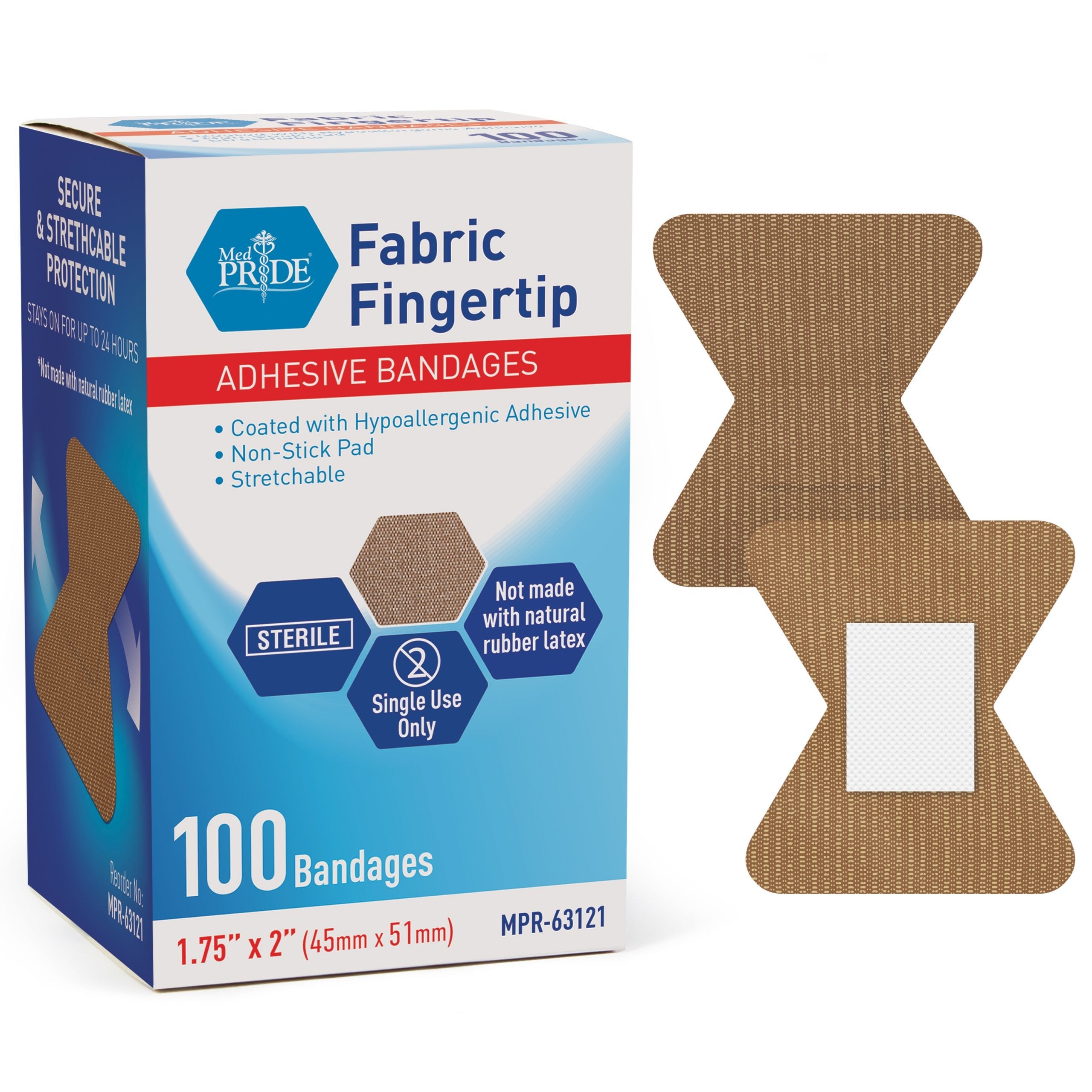 MedPride Sterile Fabric Fingertip Adhesive Bandages, 1.75" x 2" - 100/Box, Case of 24 (2400 Count) MedPride Sterile Fabric Fingertip Adhesive Bandages, 1.75" x 2" - 100/Box, Case of 24 (2400 Count)