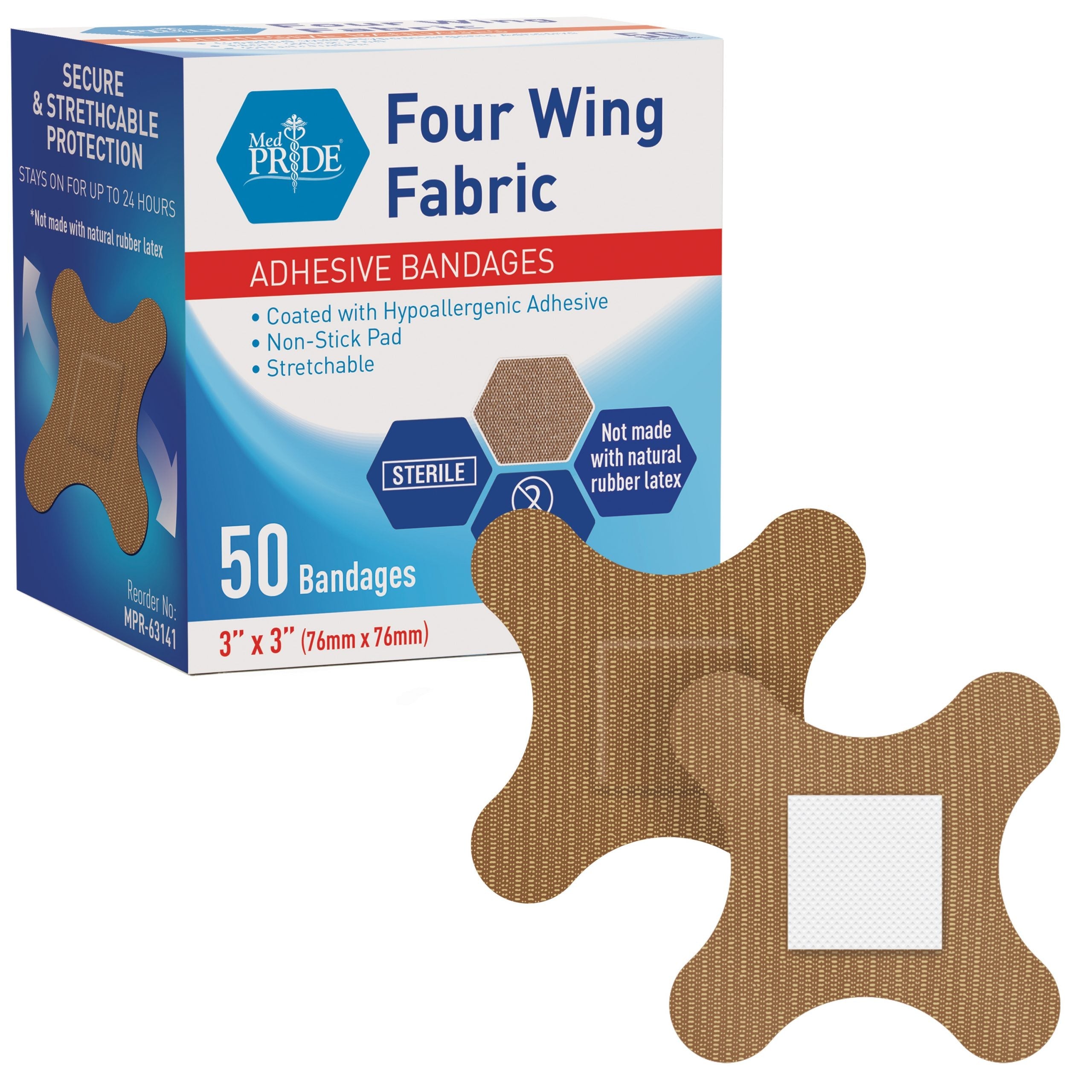 MedPride Sterile Four Wing Fabric Adhesive Bandage, 3" x 3" - 50/Box, Case of 24 (1200 Count) MedPride Sterile Four Wing Fabric Adhesive Bandage, 3" x 3" - 50/Box, Case of 24 (1200 Count)