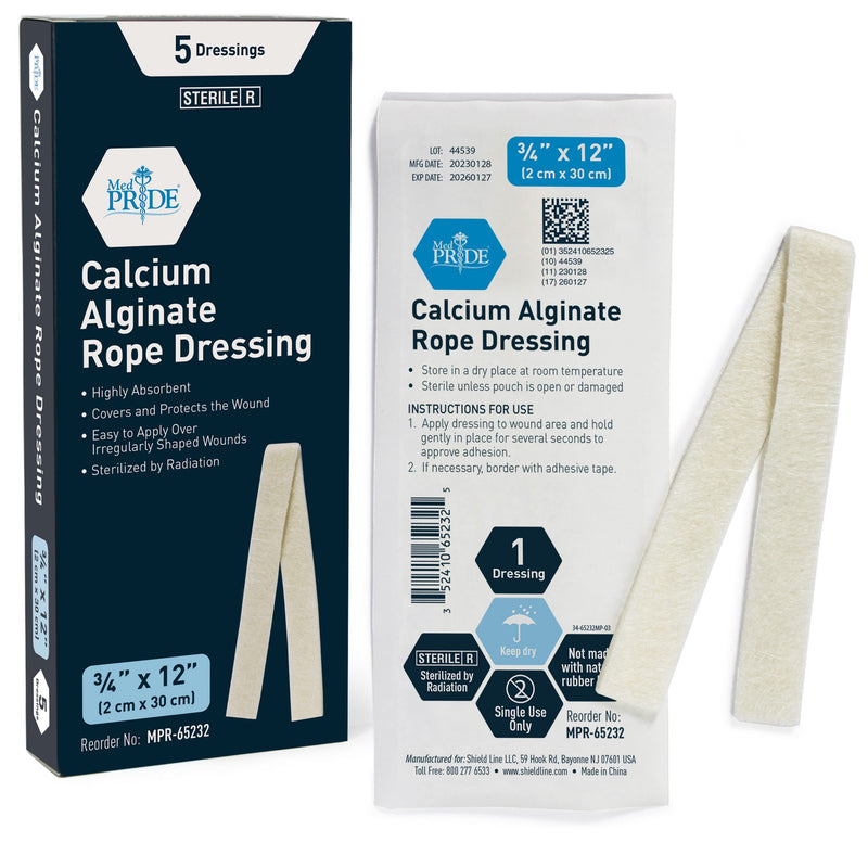 MedPride Calcium Alginate Rope Dressing, Sterile Hydrophilic Wound Dressing Rope for Open Wounds, Burns, Ulcers & Minor Traumas, 3/4"x12" - 5/Pack, Case of 12 (60 Count) MedPride Calcium Alginate Rope Dressing, Sterile Hydrophilic Wound Dressing Rope for Open Wounds, Burns, Ulcers & Minor Traumas, 3/4"x12" - 5/Pack, Case of 12 (60 Count)