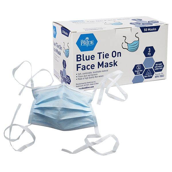 MedPride Blue Tie On Face Mask, 3-Ply 50/Box, Case of 12 (600 Count) MedPride Blue Tie On Face Mask, 3-Ply 50/Box, Case of 12 (600 Count)