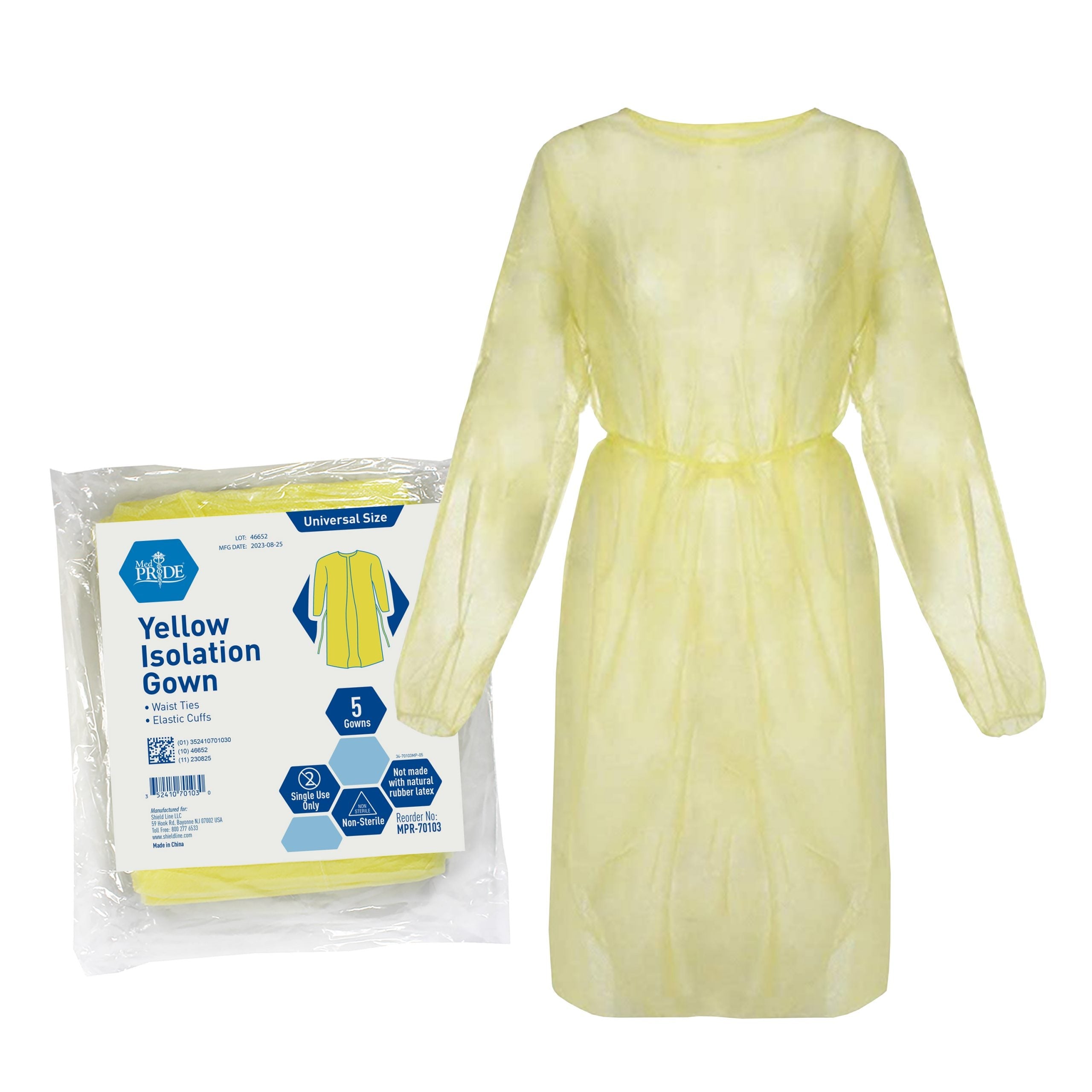 MedPride Standard Yellow Isolation Gown Universal Fit, Fluid Resistant - 5/Pack, Case of 10 (50 Count) MedPride Standard Yellow Isolation Gown Universal Fit, Fluid Resistant - 5/Pack, Case of 10 (50 Count)