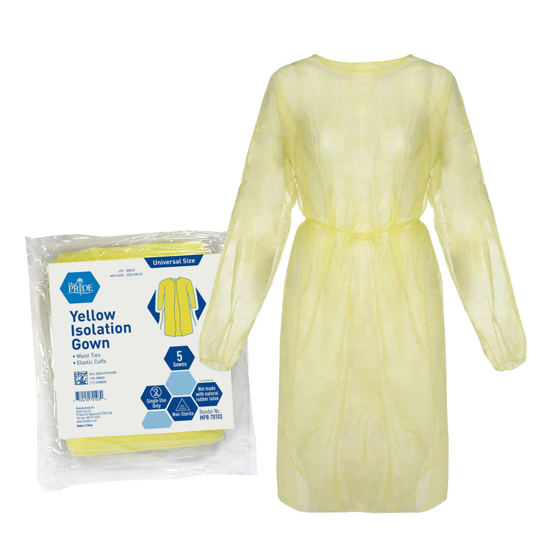 MedPride Standard Yellow Isolation Gown Universal Fit, Fluid Resistant - 5/Pack, Case of 10 (50 Count) MedPride Standard Yellow Isolation Gown Universal Fit, Fluid Resistant - 5/Pack, Case of 10 (50 Count)