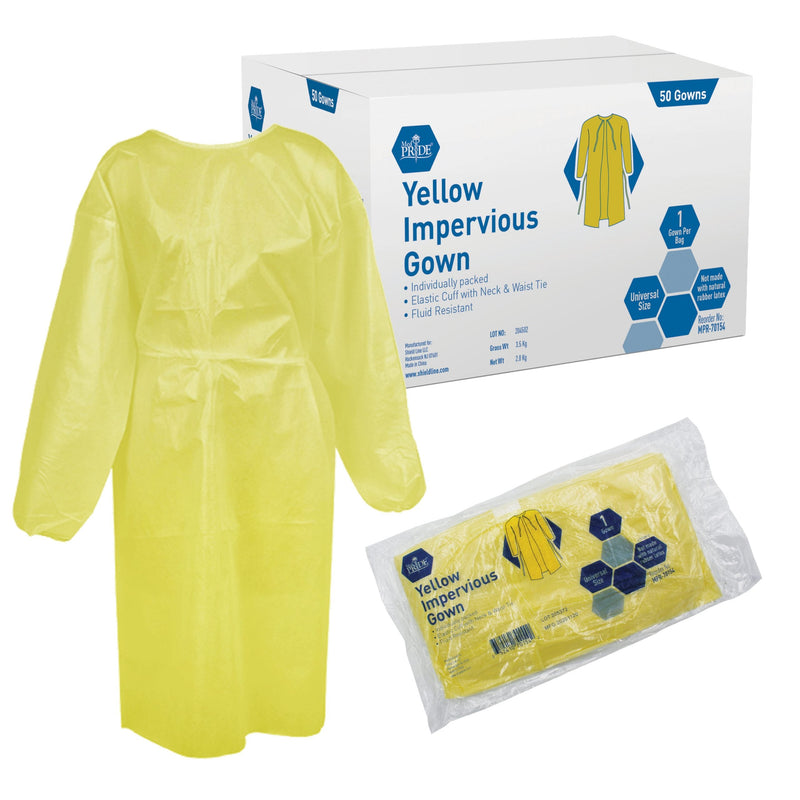 MedPride Yellow Impervious Gown, Cuffed, Universal Size, Individually Packed, Case of 50 MedPride Yellow Impervious Gown, Cuffed, Universal Size, Individually Packed, Case of 50