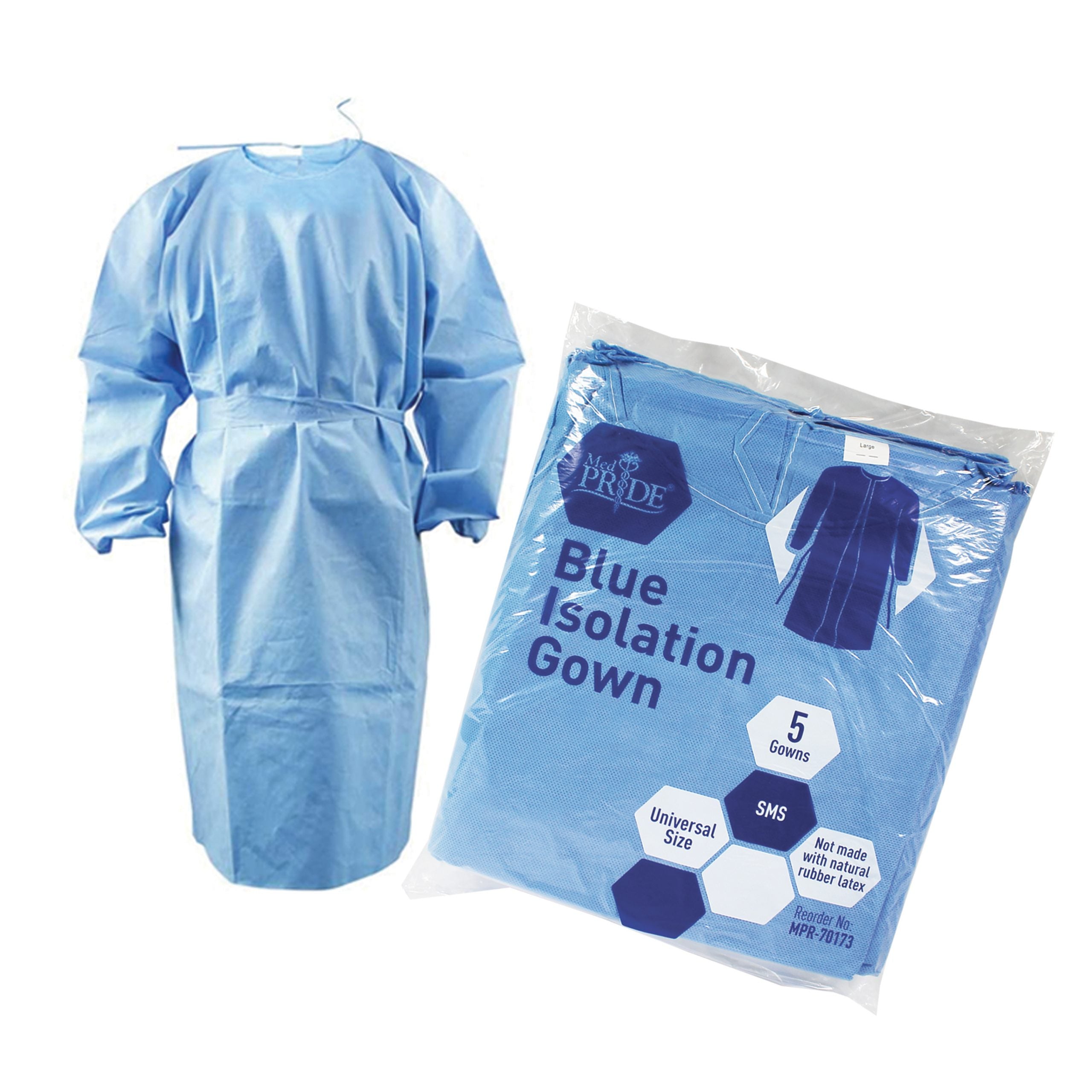 MedPride Protective Isolation Gowns Impervious, Universal Size - Blue - 5 Gowns/Pack, Case of 10 (50 Count) MedPride Protective Isolation Gowns Impervious, Universal Size - Blue - 5 Gowns/Pack, Case of 10 (50 Count)
