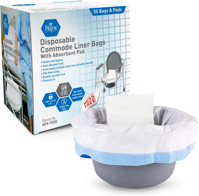 MedPride Disposable Commode Liner Bags with Absorbant Pads, Universal Size, 50 bags and pads / Case of 12 (600 count) MedPride Disposable Commode Liner Bags with Absorbant Pads, Universal Size, 50 bags and pads / Case of 12 (600 count)
