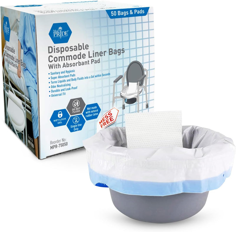 MedPride Disposable Commode Liner Bags with Absorbant Pads, Universal Size, 50 bags and pads / Case of 12 (600 count) MedPride Disposable Commode Liner Bags with Absorbant Pads, Universal Size, 50 bags and pads / Case of 12 (600 count)