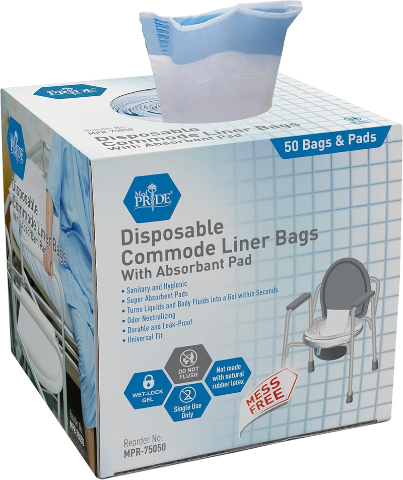 MedPride Disposable Commode Liner Bags with Absorbant Pads, Universal Size, 50 bags and pads / Case of 12 (600 count) MedPride Disposable Commode Liner Bags with Absorbant Pads, Universal Size, 50 bags and pads / Case of 12 (600 count)