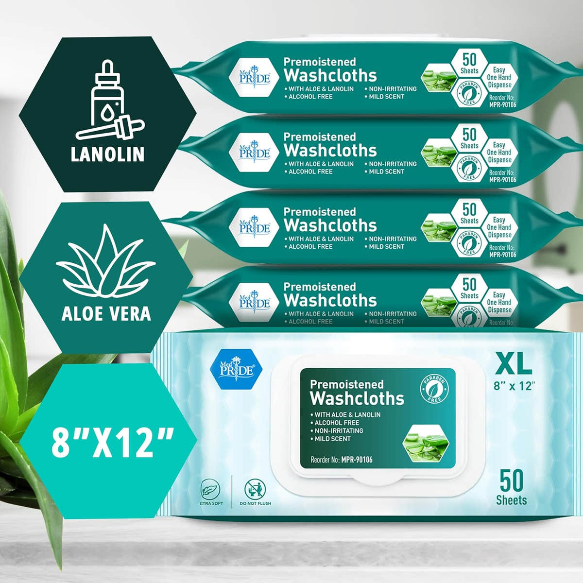 MedPride Disposable XL Premoistened Washcloths 8" x 12", 50 Sheets / Case of 6 (300 Count) MedPride Disposable XL Premoistened Washcloths 8" x 12", 50 Sheets / Case of 6 (300 Count)