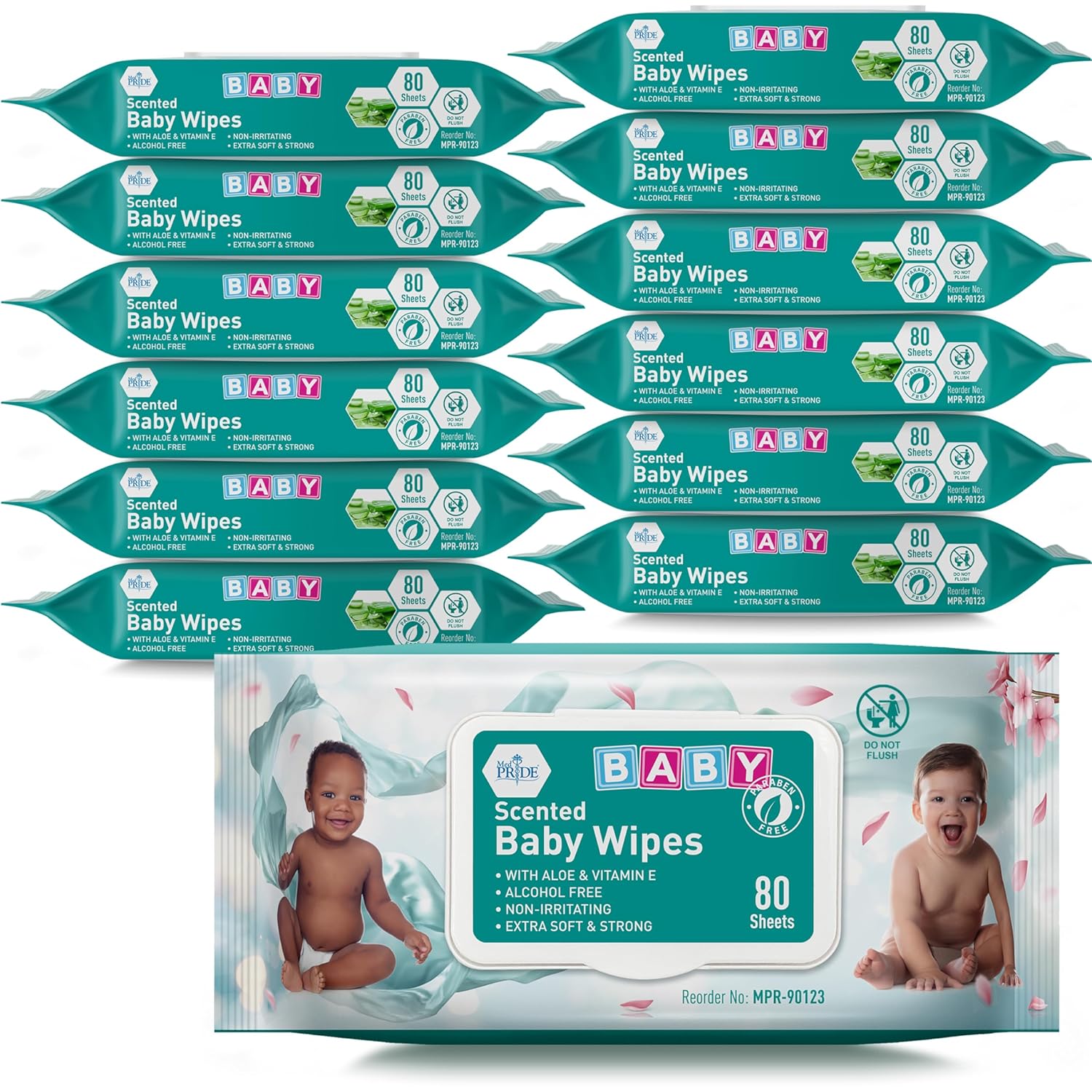 MedPride Baby Wipes, Scented with Aloe Vera and Vitamin E, Blue, 6"x7.5" - 80/Pack, Case of 24 (1920 count) MedPride Baby Wipes, Scented with Aloe Vera and Vitamin E, Blue, 6"x7.5" - 80/Pack, Case of 24 (1920 count)