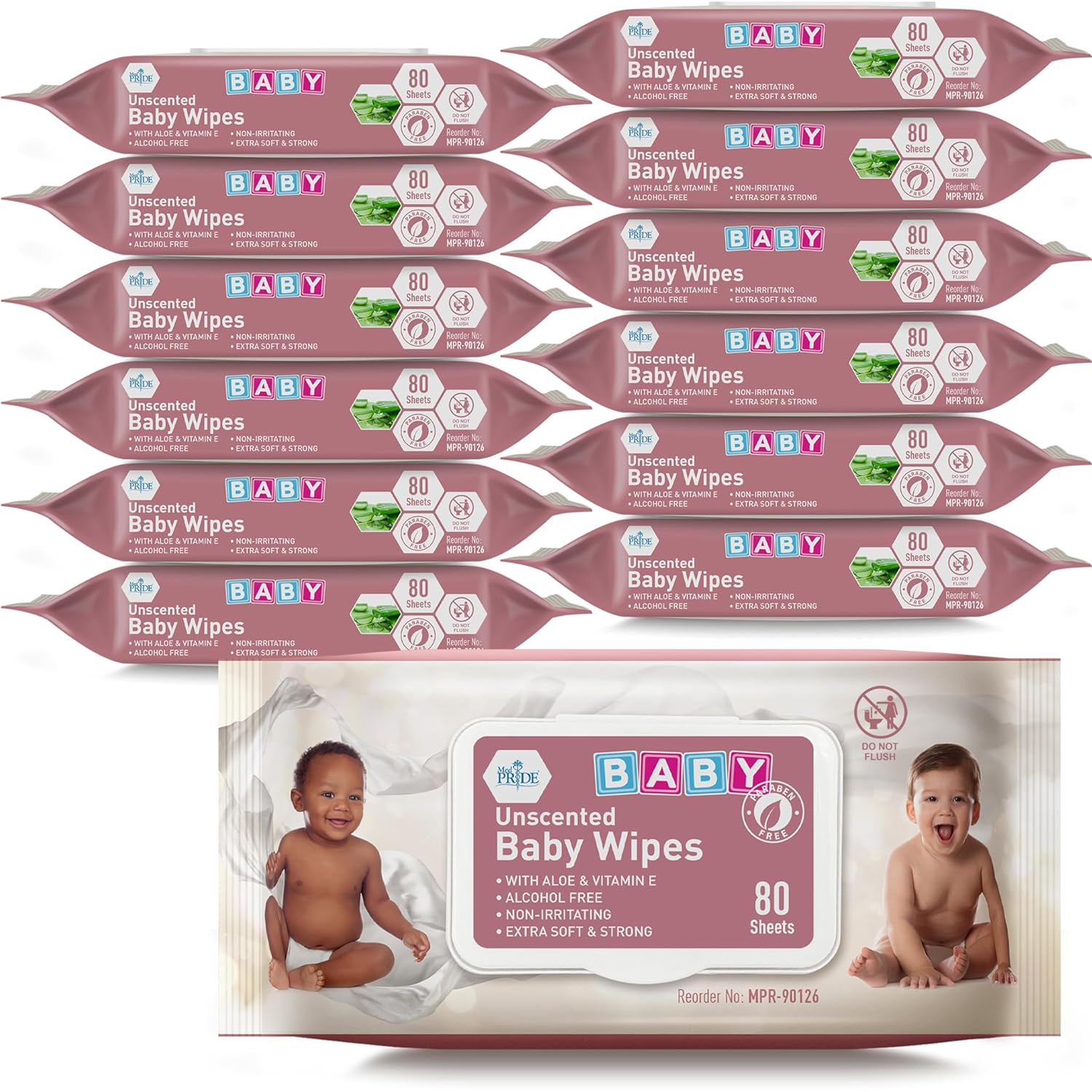 MedPride Baby Wipes, Unscented with Aloe Vera and Vitamin E, Pink 6" x 7.5", 80/Pack, Case of 24 (1920 count) MedPride Baby Wipes, Unscented with Aloe Vera and Vitamin E, Pink 6" x 7.5", 80/Pack, Case of 24 (1920 count)