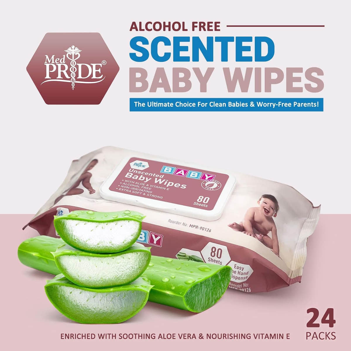 MedPride Baby Wipes, Unscented with Aloe Vera and Vitamin E, Pink 6" x 7.5", 80/Pack, Case of 24 (1920 count) MedPride Baby Wipes, Unscented with Aloe Vera and Vitamin E, Pink 6" x 7.5", 80/Pack, Case of 24 (1920 count)