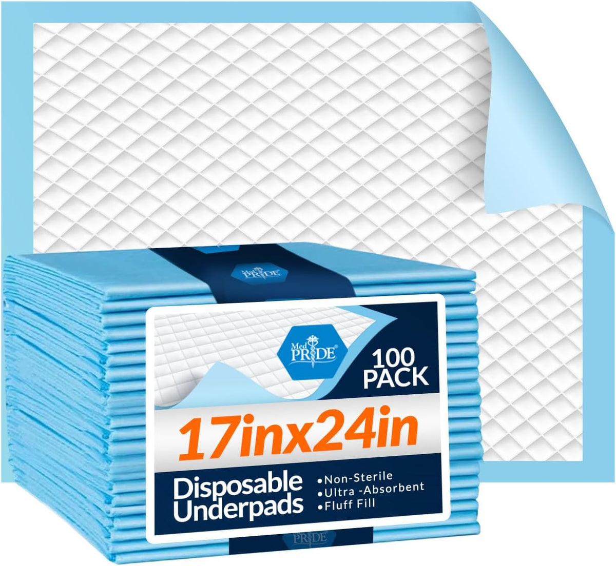MedPride Disposable Underpads, 17" x 24" (22 grams) 100 Pads, 3 packs/Case (300 Count) MedPride Disposable Underpads, 17" x 24" (22 grams) 100 Pads, 3 packs/Case (300 Count)