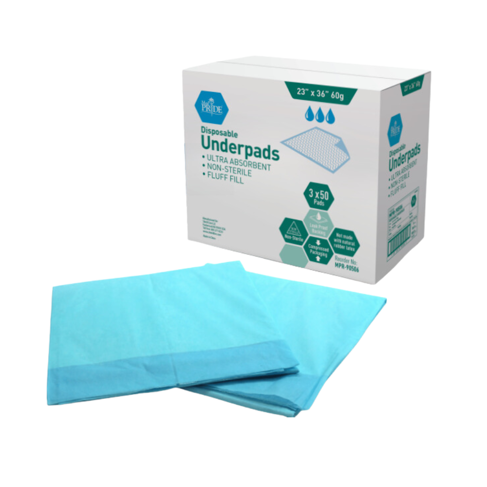 MedPride Disposable Underpads, 23"x36" (60 gram) 50/Pack - Case of 3 (150 Count) MedPride Disposable Underpads, 23"x36" (60 gram) 50/Pack - Case of 3 (150 Count)