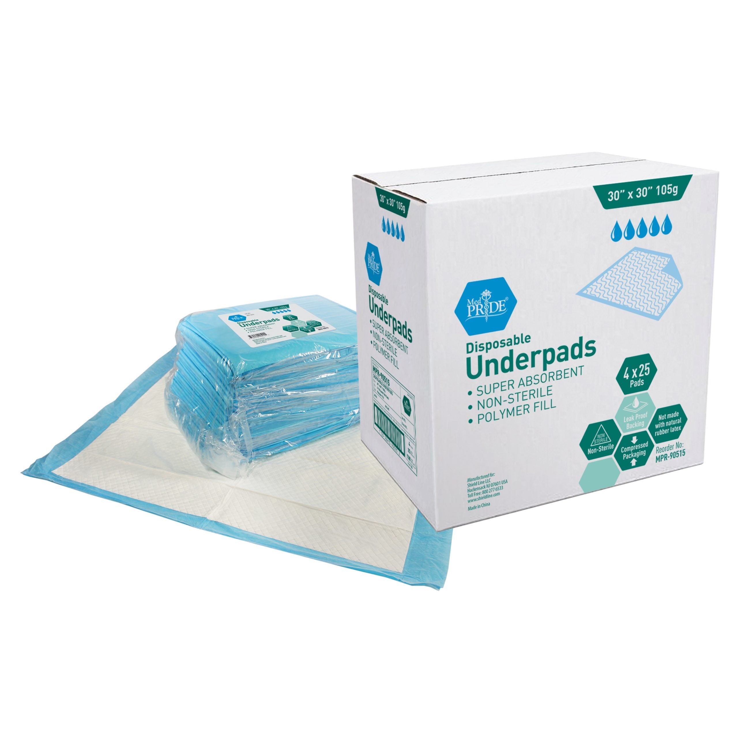 MedPride Disposable Underpads with Polymer, 30"x30" (105 gram) 25/pack, Case of 4 (100 Count) MedPride Disposable Underpads with Polymer, 30"x30" (105 gram) 25/pack, Case of 4 (100 Count)