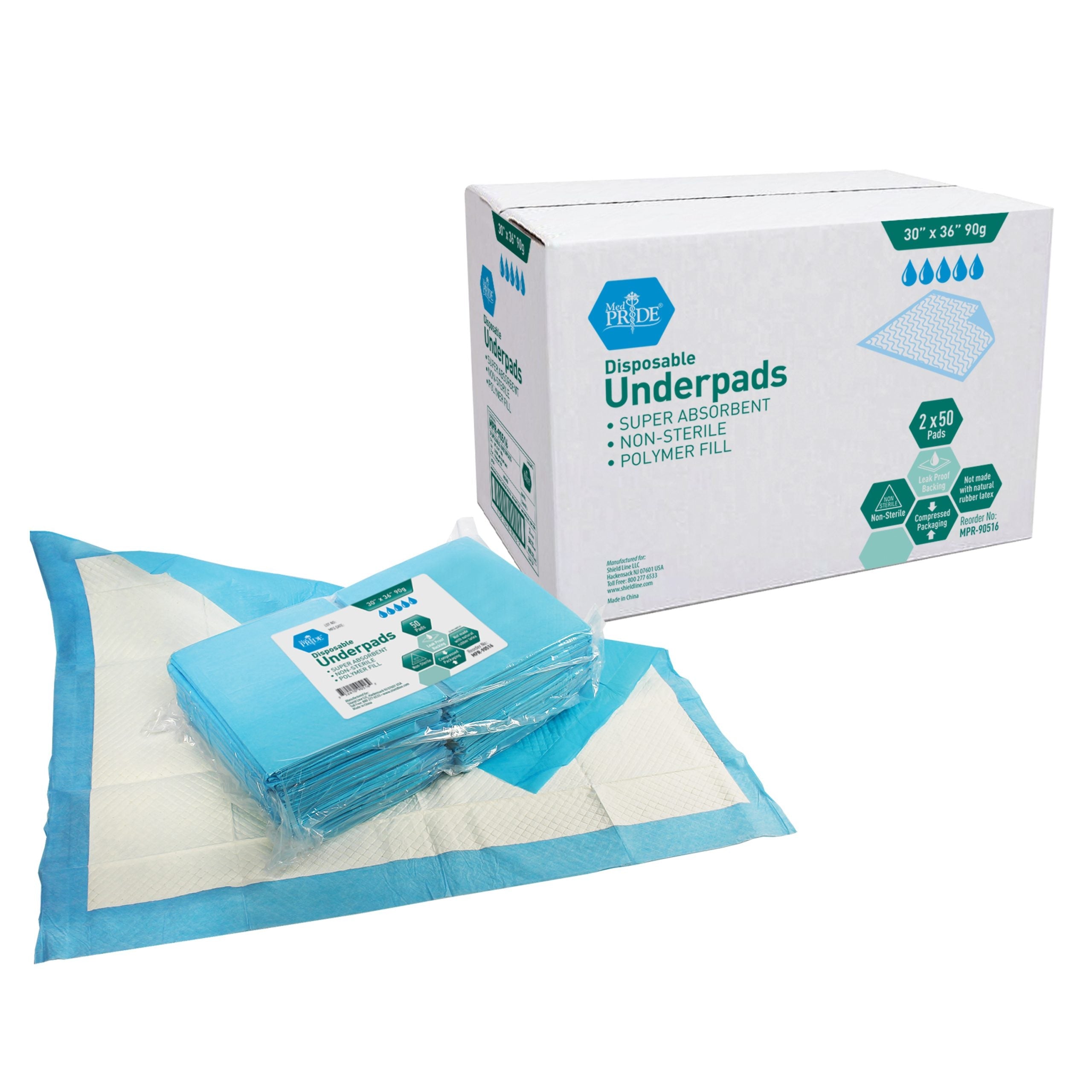 MedPride Disposable Underpads with Polymer, 30"x36" (90 gram) 50/pack, Case of 2 (100 Count) MedPride Disposable Underpads with Polymer, 30"x36" (90 gram) 50/pack, Case of 2 (100 Count)