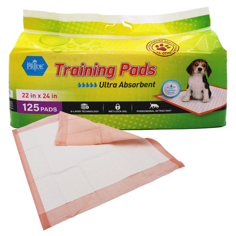MedPride Pet Pads, 22" x 24" w/ pheromone, Ultra-Absorbent Puppy Potty Pee Pads With 6-Layer Technology (30 gram) - 2 Packs of 125 Pads (250 Count) MedPride Pet Pads, 22" x 24" w/ pheromone, Ultra-Absorbent Puppy Potty Pee Pads With 6-Layer Technology (30 gram) - 2 Packs of 125 Pads (250 Count)