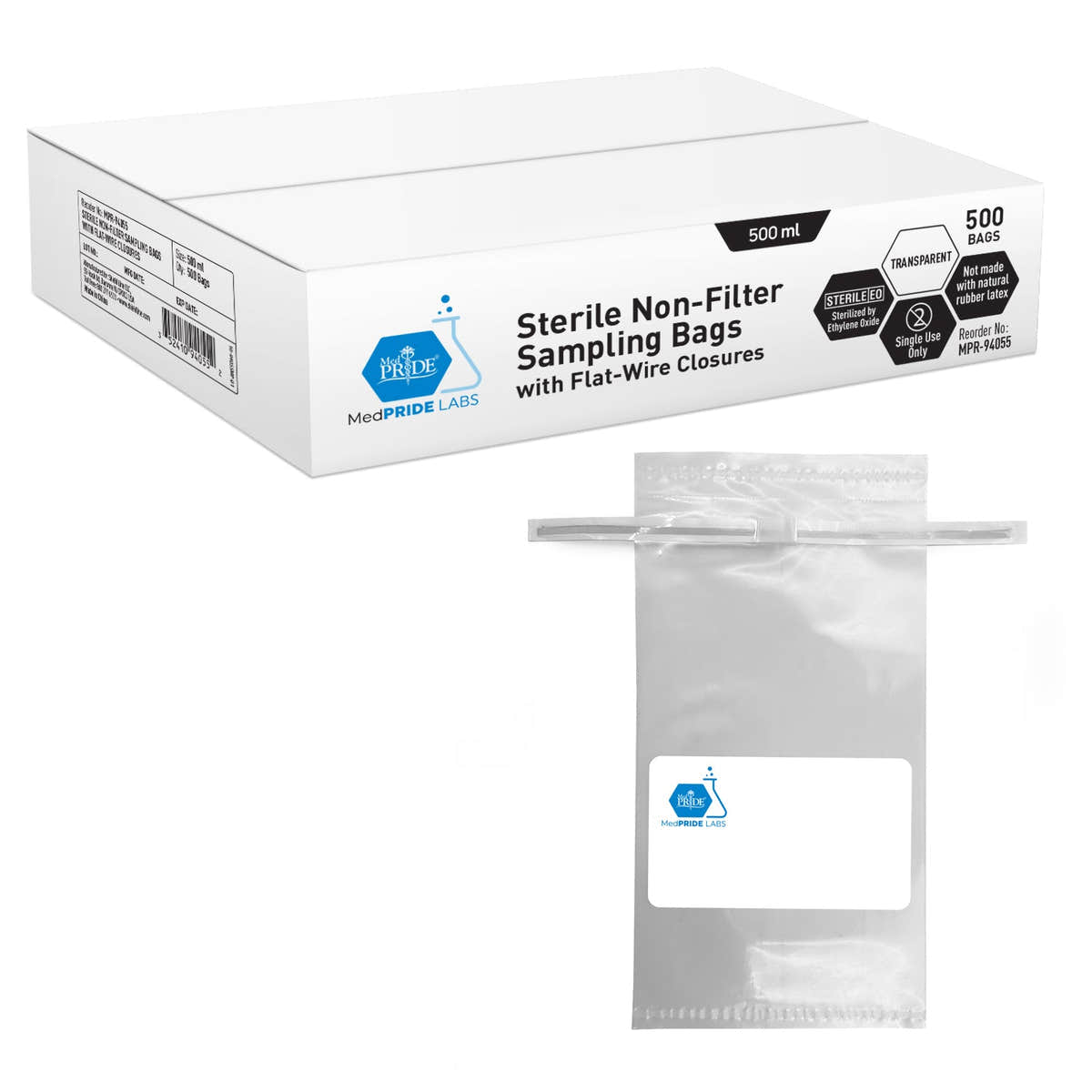 MedPride Sterile Non-Filter Sampling Bags with Flat-Wire Closure 500 ml, 500 Bags / Case of 2 (1000 count) MedPride Sterile Non-Filter Sampling Bags with Flat-Wire Closure 500 ml, 500 Bags / Case of 2 (1000 count)