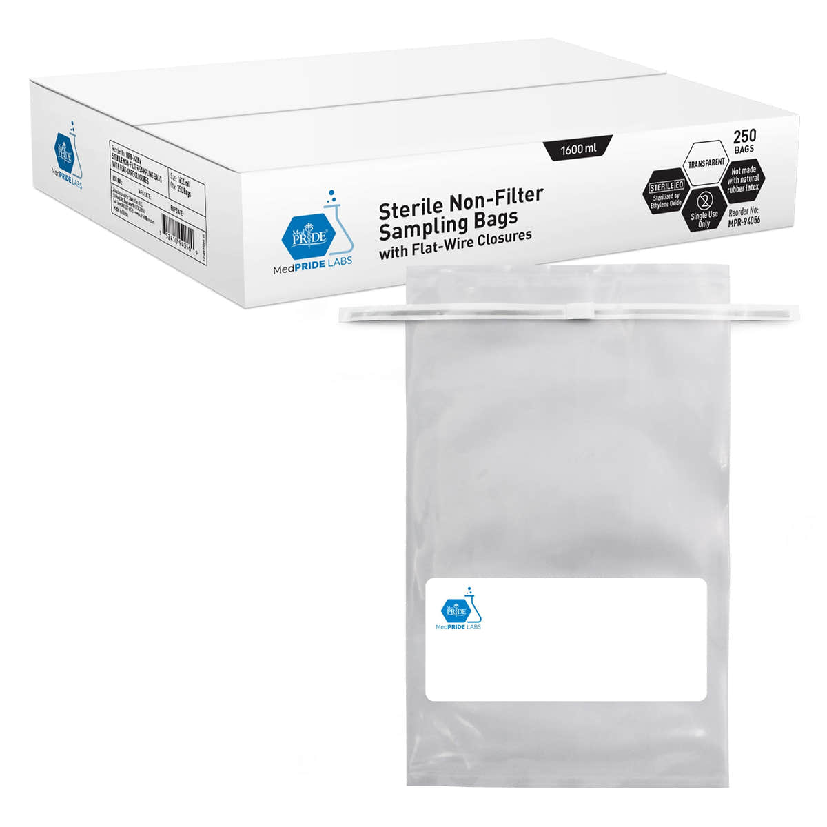 MedPride Sterile Non-Filter Sampling Bags with Flat-Wire Closure 1600 ml, 250 Bags / Case of 4 (1000) MedPride Sterile Non-Filter Sampling Bags with Flat-Wire Closure 1600 ml, 250 Bags / Case of 4 (1000)